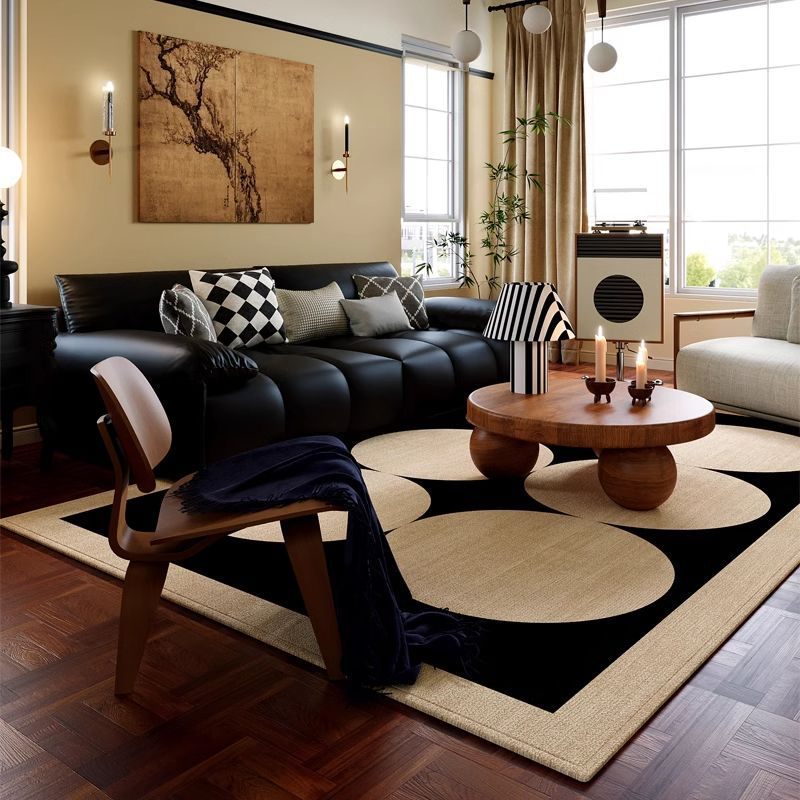Mid-century loop pile rug in a dark living room